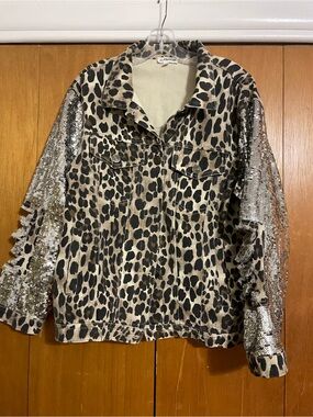 MACARON Leopard Print Jean Jacket with Silver Sequin Sleeves